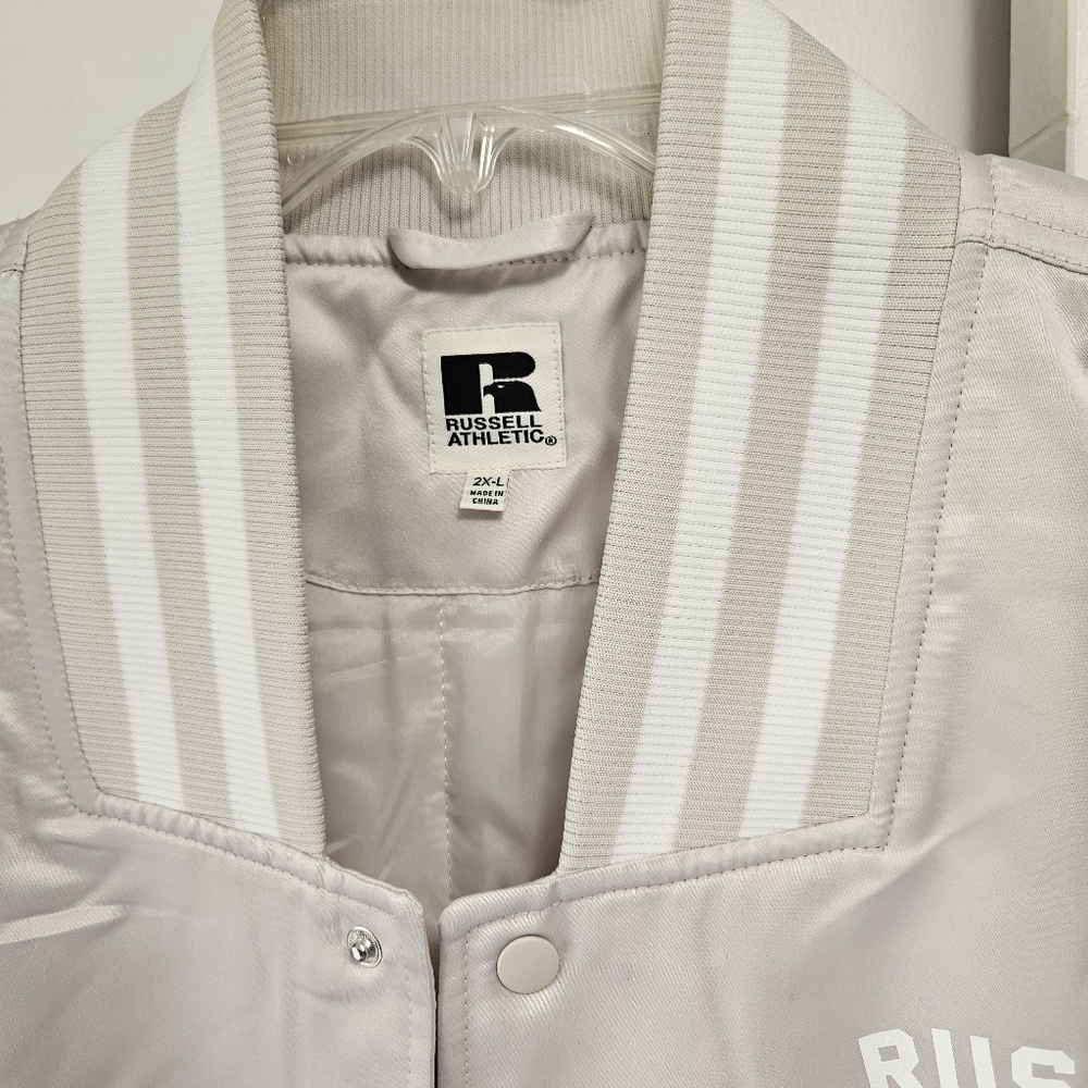 Russell Athletic Cream Bomber Varsity Jacket with Ribbed Details - Picture 5 of 8
